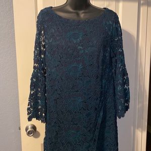 Teal and navy lace dress with bell sleeves